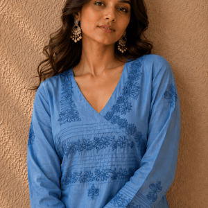Indigo blue pure Muga Tussar silk ready to wear Chikankari kurti - Image 2