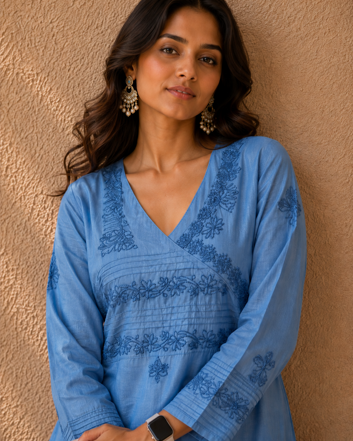 Indigo blue pure Muga Tussar silk ready to wear Chikankari kurti - Image 2