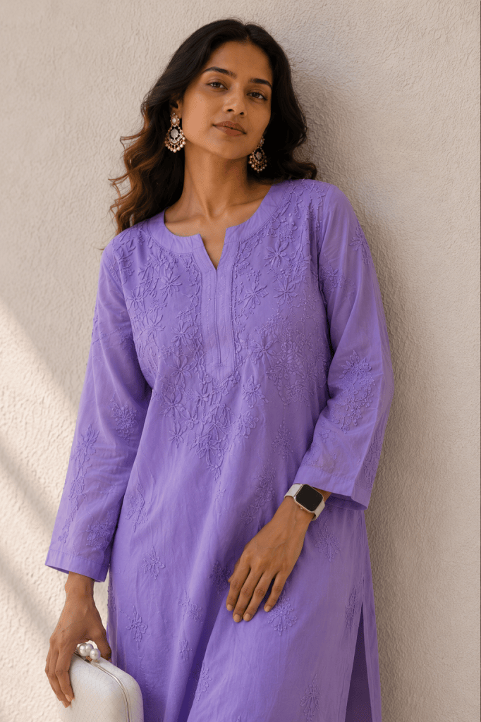Lilac Chanderi mulmul ready to wear Chikankari kurti