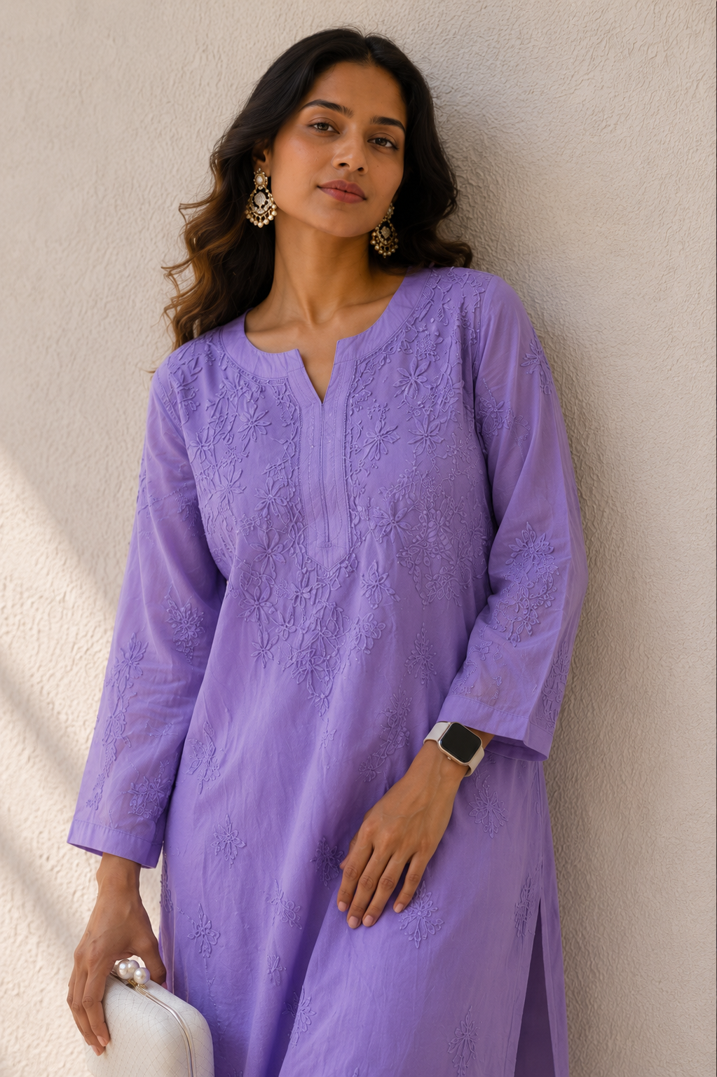 Lilac Chanderi mulmul ready to wear Chikankari kurti - Image 2