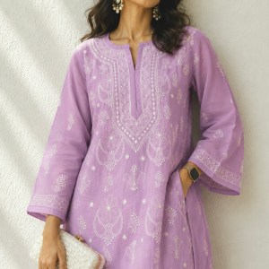 Lilac cotton voil ready to wear Chikankari kurti - Image 2