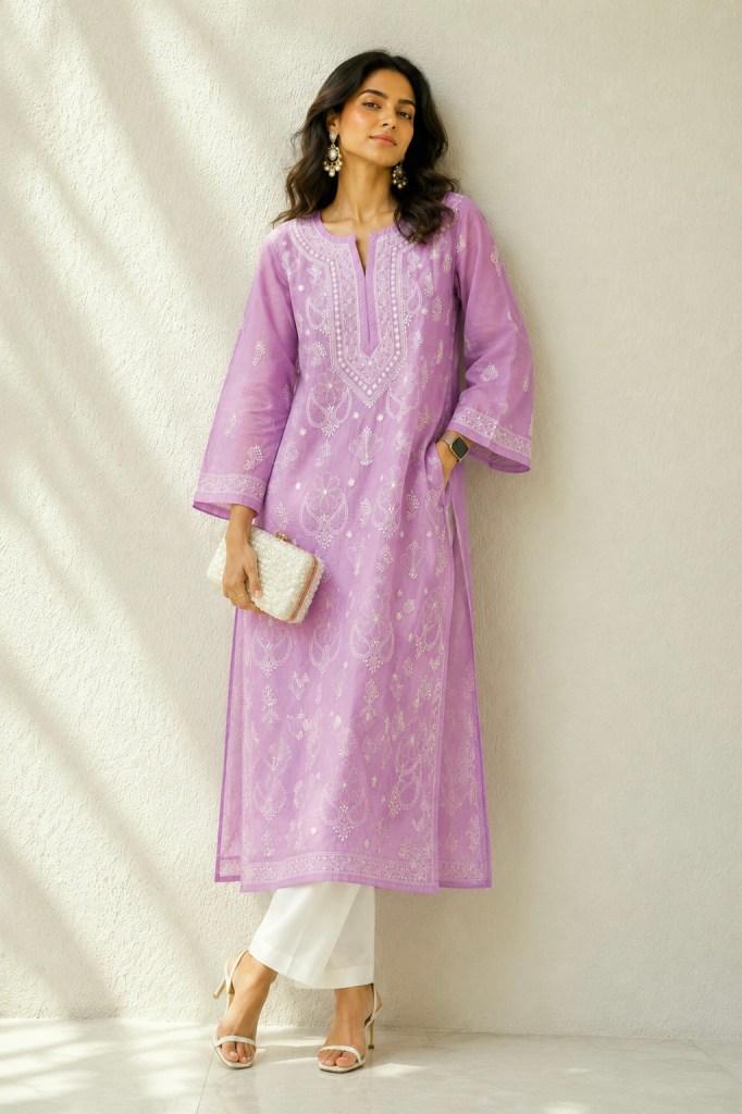 Lilac cotton voil ready to wear Chikankari kurti