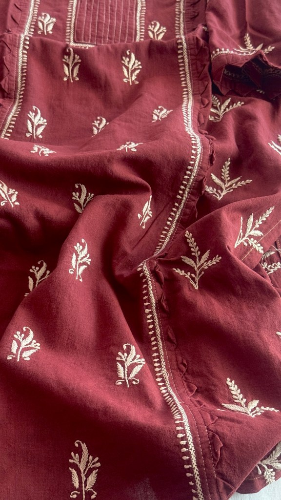 Garnet red  Pure cotton ready to wear Chikankari kurti