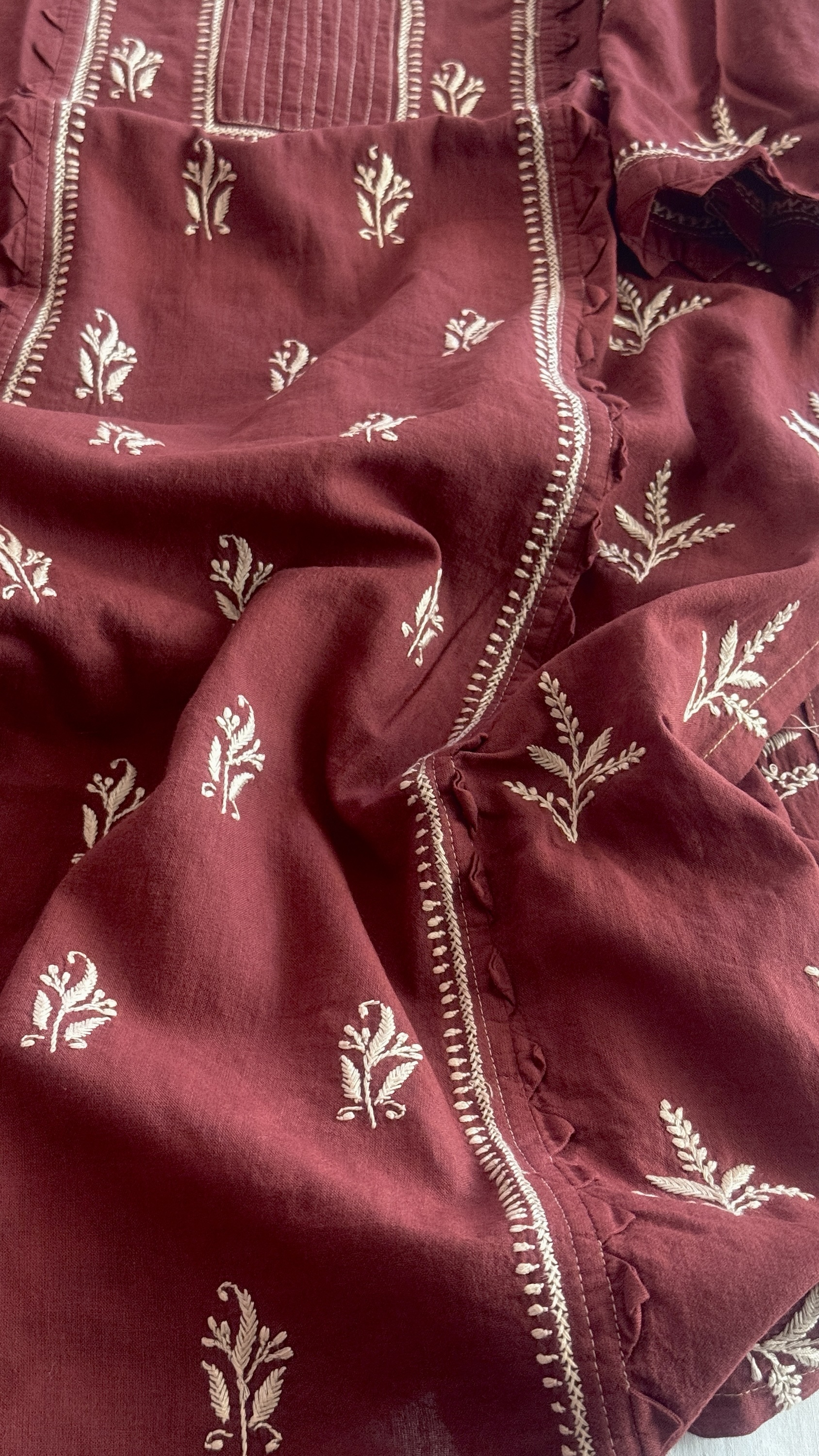 Garnet red  Pure cotton ready to wear Chikankari kurti - Image 4