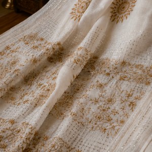 Off-white pure mulmul chikankari & mukaish work saree with blouse - Image 2