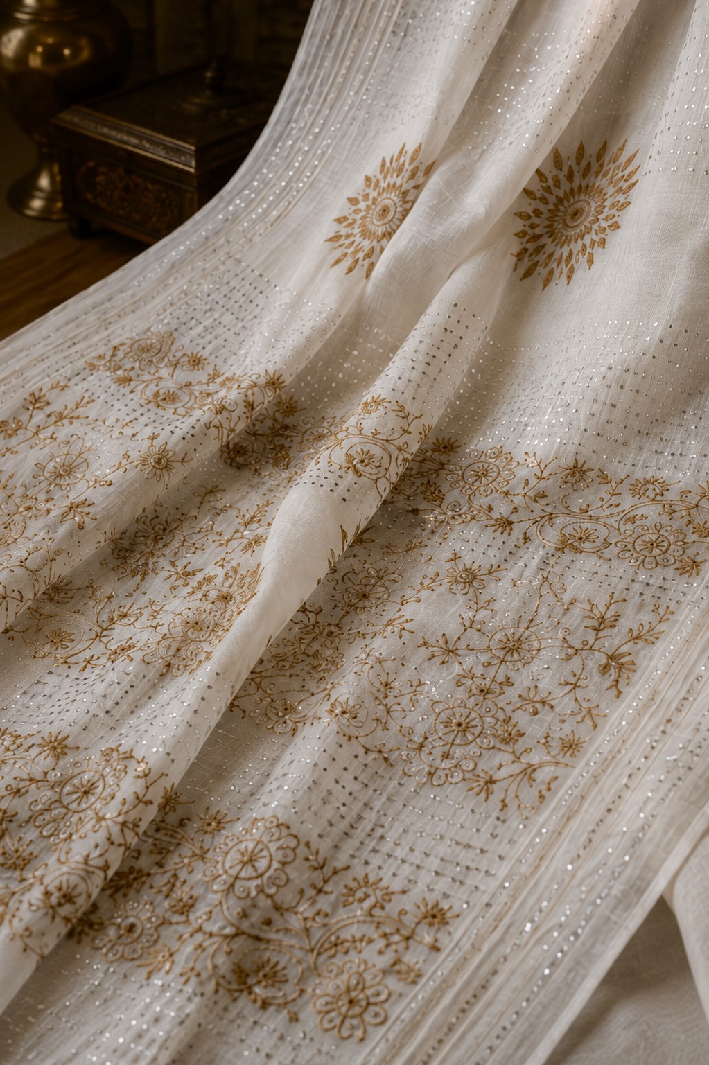 Off-white pure mulmul chikankari & mukaish work saree with blouse - Image 2