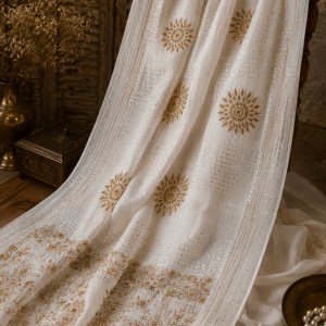 Off-white pure mulmul chikankari & mukaish work saree with blouse - Image 1