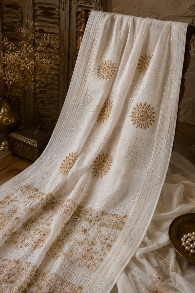 Off-white pure mulmul chikankari & mukaish work saree with blouse