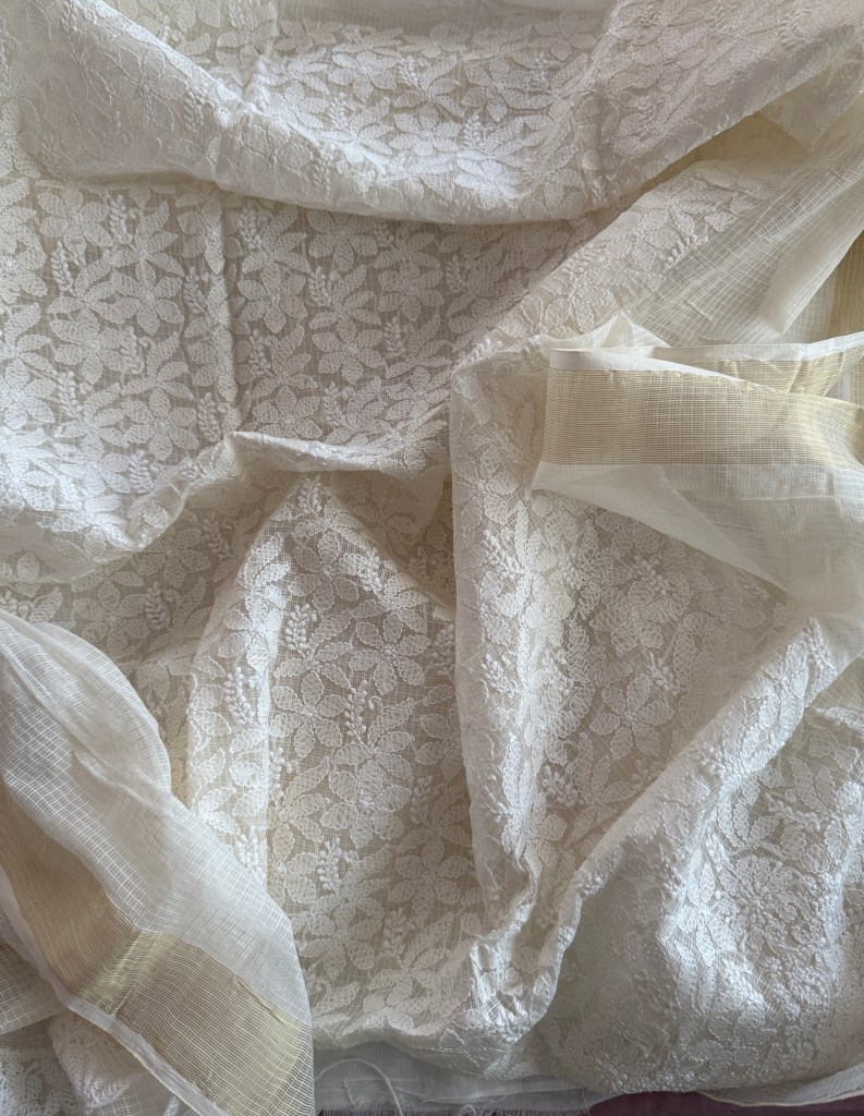 Off-white Chanderi Kota chikankari kurta fabric