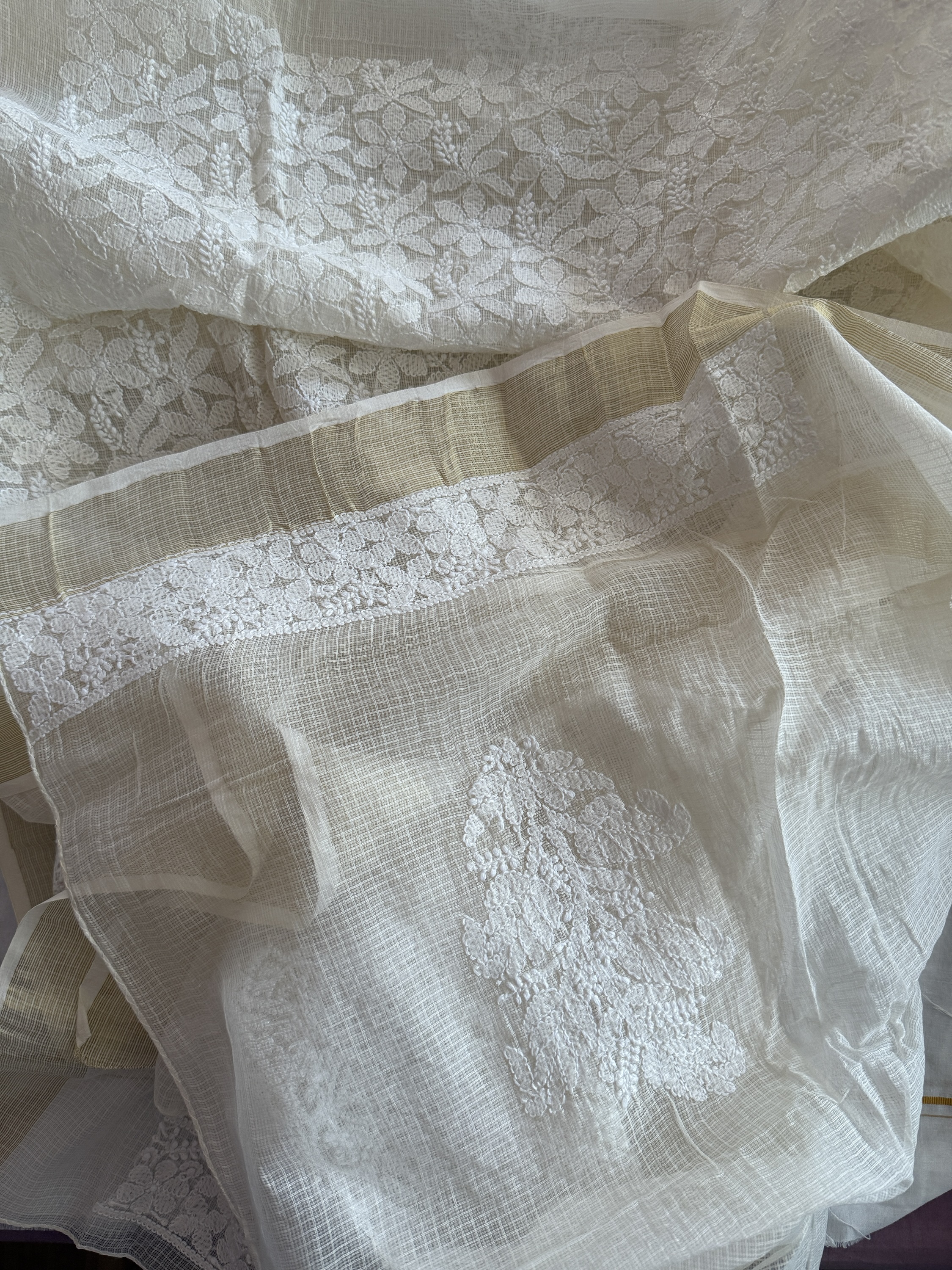 Off-white Chanderi Kota chikankari kurta fabric - Image 2