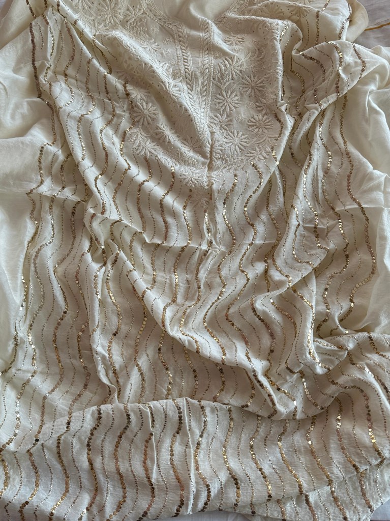 Classic Off-white chanderi chikankari kurta fabric with mukaish work