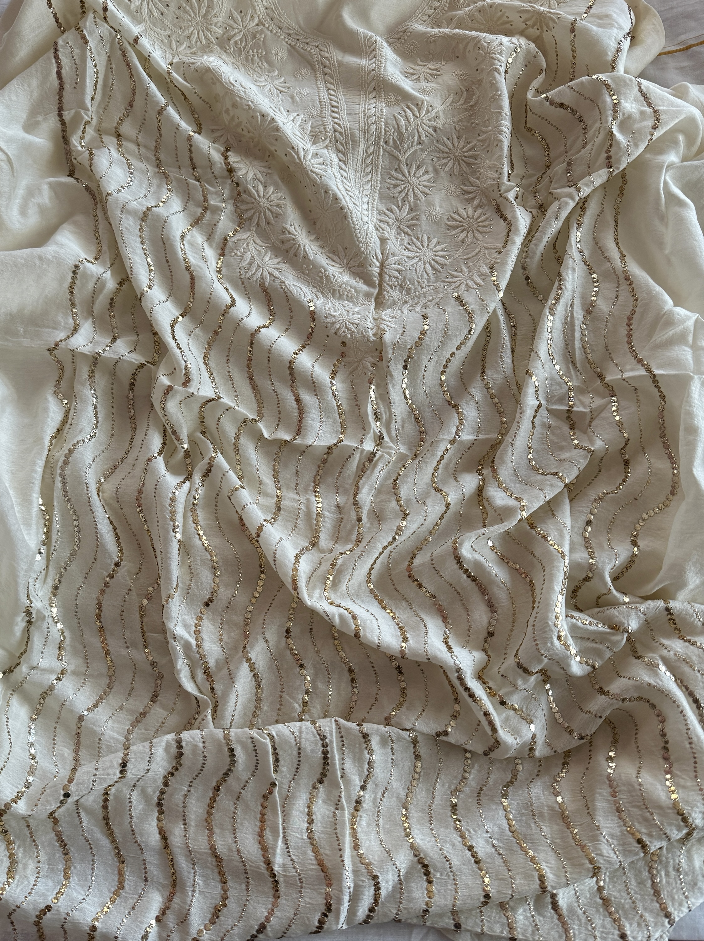 Classic Off-white chanderi chikankari kurta fabric with mukaish work - Image 1