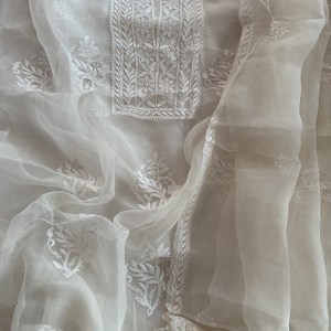 Off-white pure organza chikankari kurta dupatta set