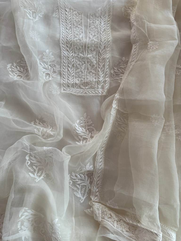 Off-white pure organza chikankari kurta dupatta set