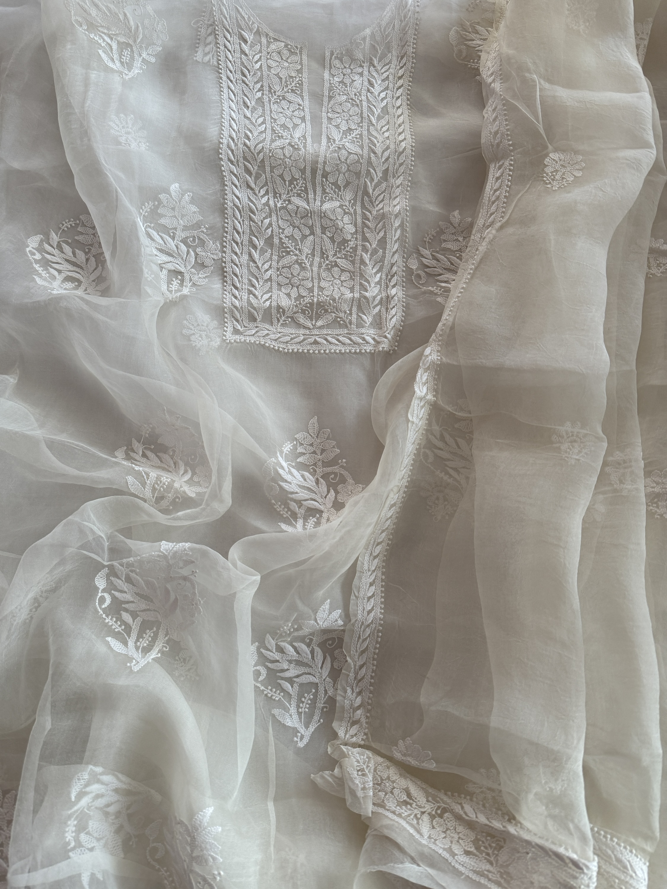 Off-white pure organza chikankari kurta dupatta set - Image 1