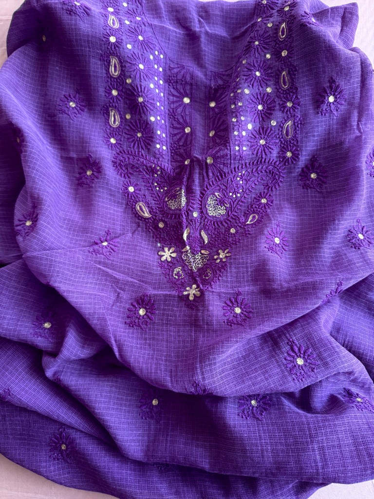 Deep purple pure mulmul chikankari kurta fabric with exquisite aari work