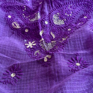 Deep purple pure mulmul chikankari kurta fabric with exquisite aari work - Image 2