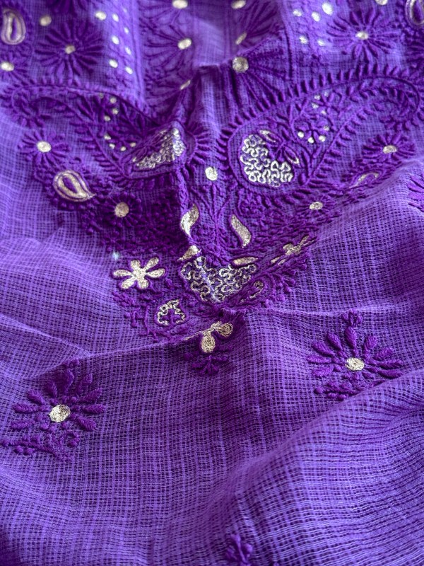 Deep purple pure mulmul chikankari kurta fabric with exquisite aari work