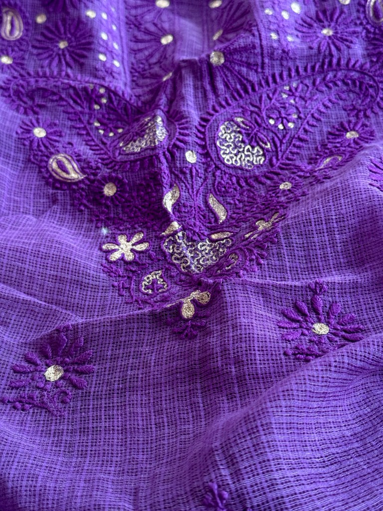Deep purple pure mulmul chikankari kurta fabric with exquisite aari work