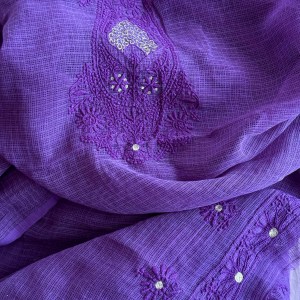 Deep purple pure mulmul chikankari kurta fabric with exquisite aari work - Image 3