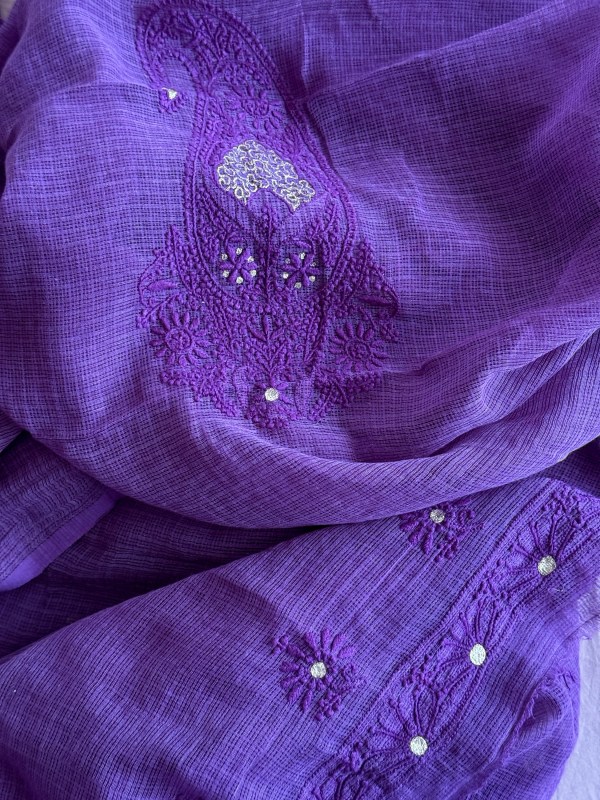 Deep purple pure mulmul chikankari kurta fabric with exquisite aari work