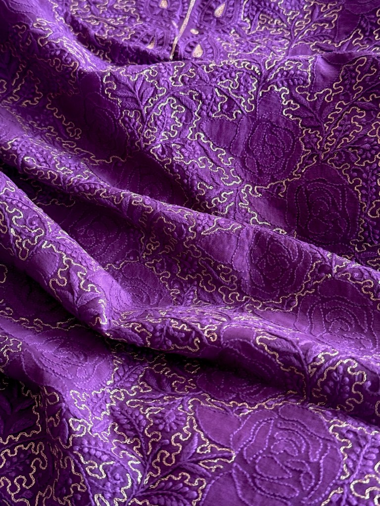 Deep purple pure chanderi chikankari kurta fabric with rich aari work and rose motifs