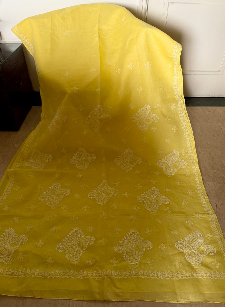 Yellow pure cotton voil Chikankari saree with blouse