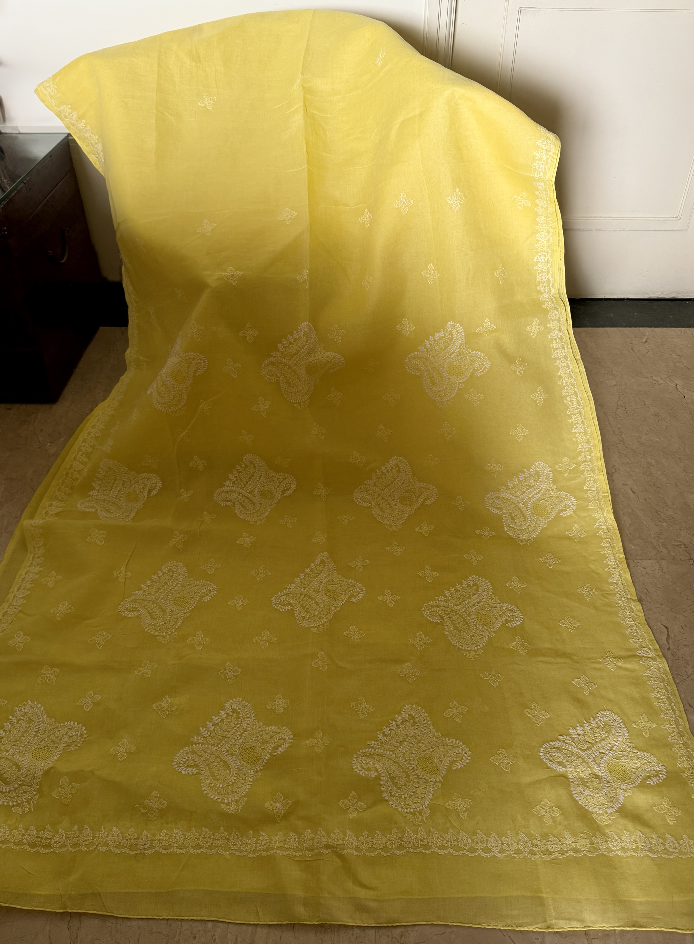 Yellow pure cotton voil Chikankari saree with blouse - Image 1