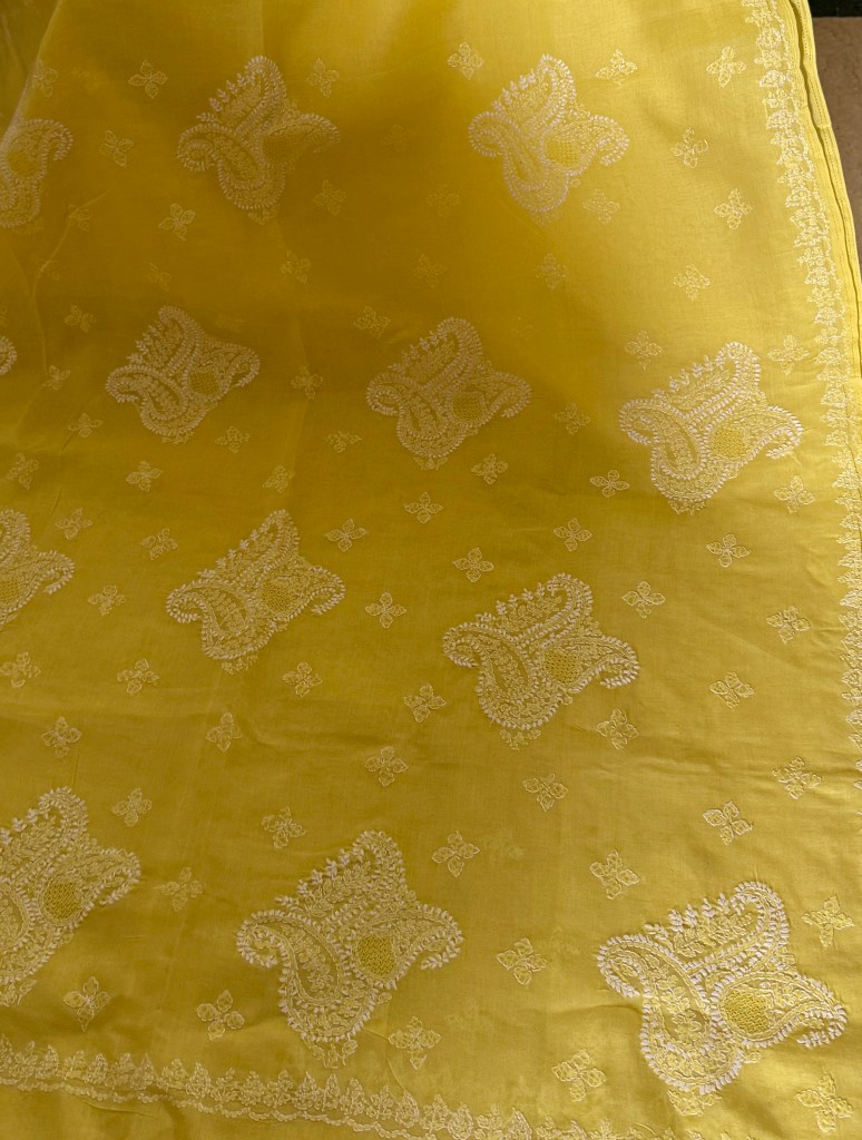 Yellow pure cotton voil Chikankari saree with blouse