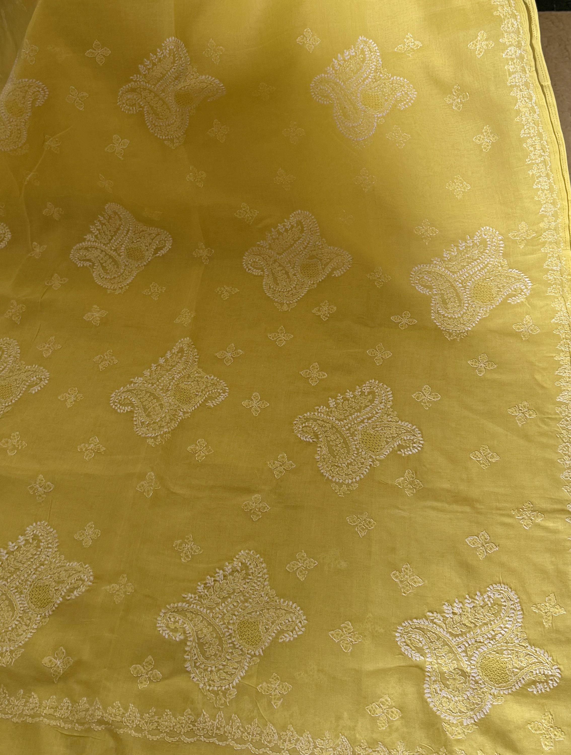 Yellow pure cotton voil Chikankari saree with blouse - Image 2