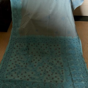 Blue pure cotton voil Chikankari saree with Daraz work border - Image 3