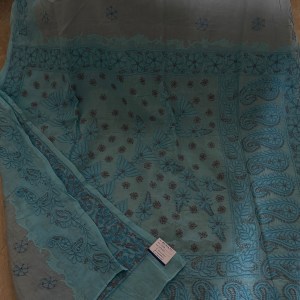 Blue pure cotton voil Chikankari saree with Daraz work border - Image 2