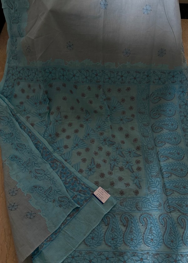 Blue pure cotton voil Chikankari saree with Daraz work border
