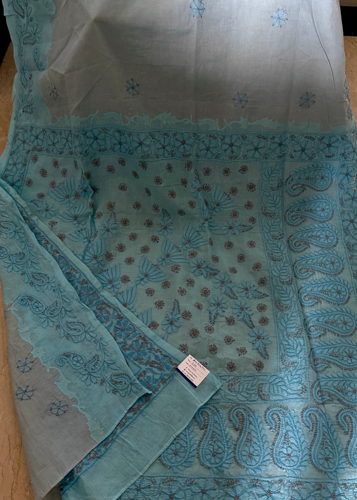 Blue pure cotton voil Chikankari saree with Daraz work border