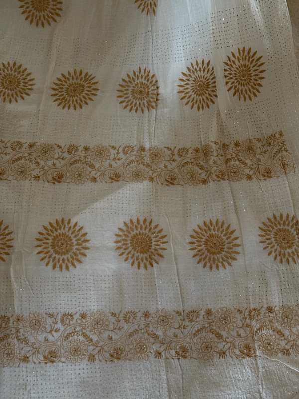 Off-white pure mulmul chikankari & mukaish work saree with blouse