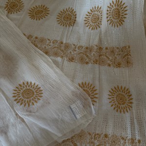 Off-white pure mulmul chikankari & mukaish work saree with blouse - Image 3