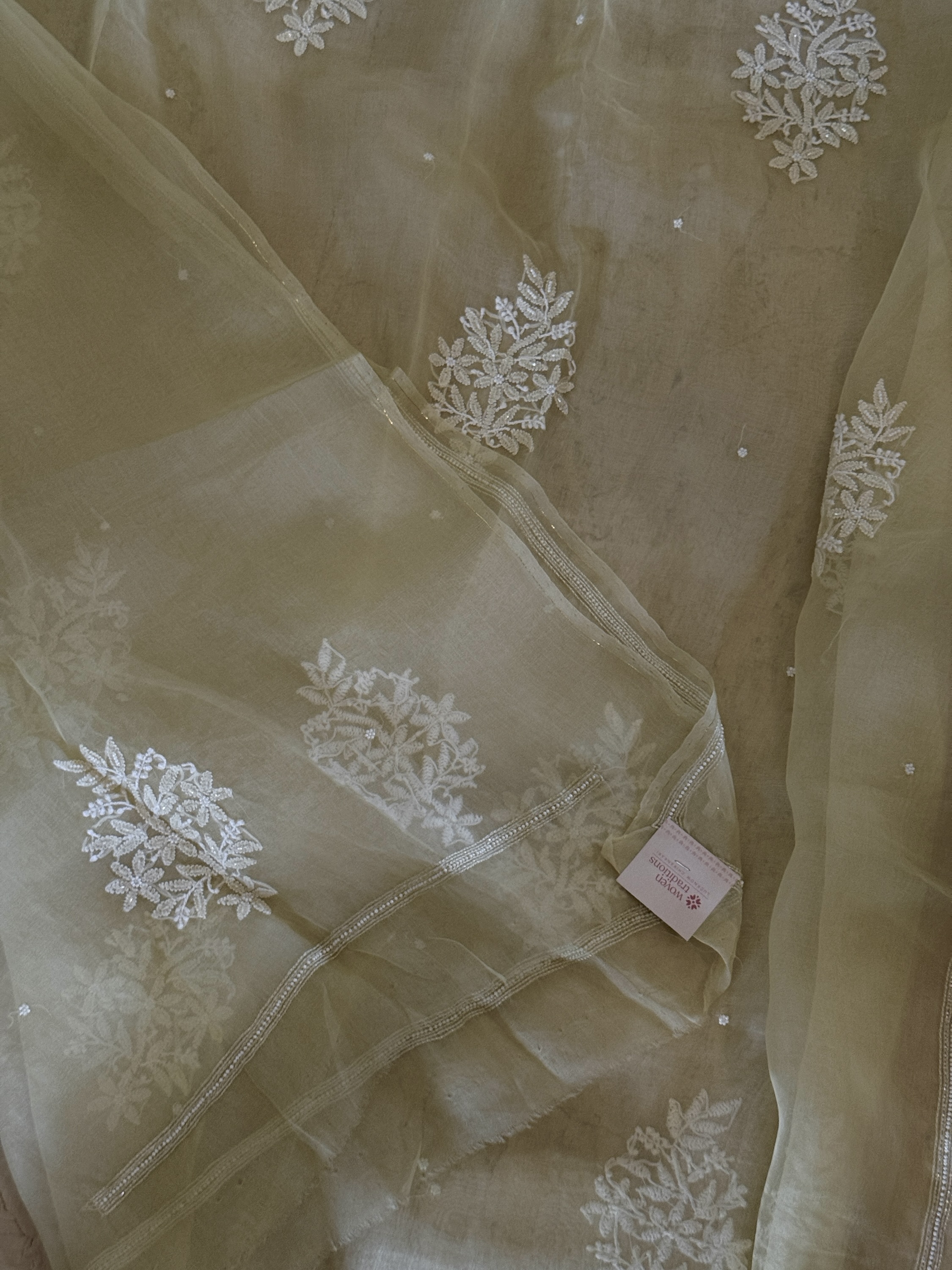 Pastel yellow pure organza chikankari saree with pearl work - Image 3