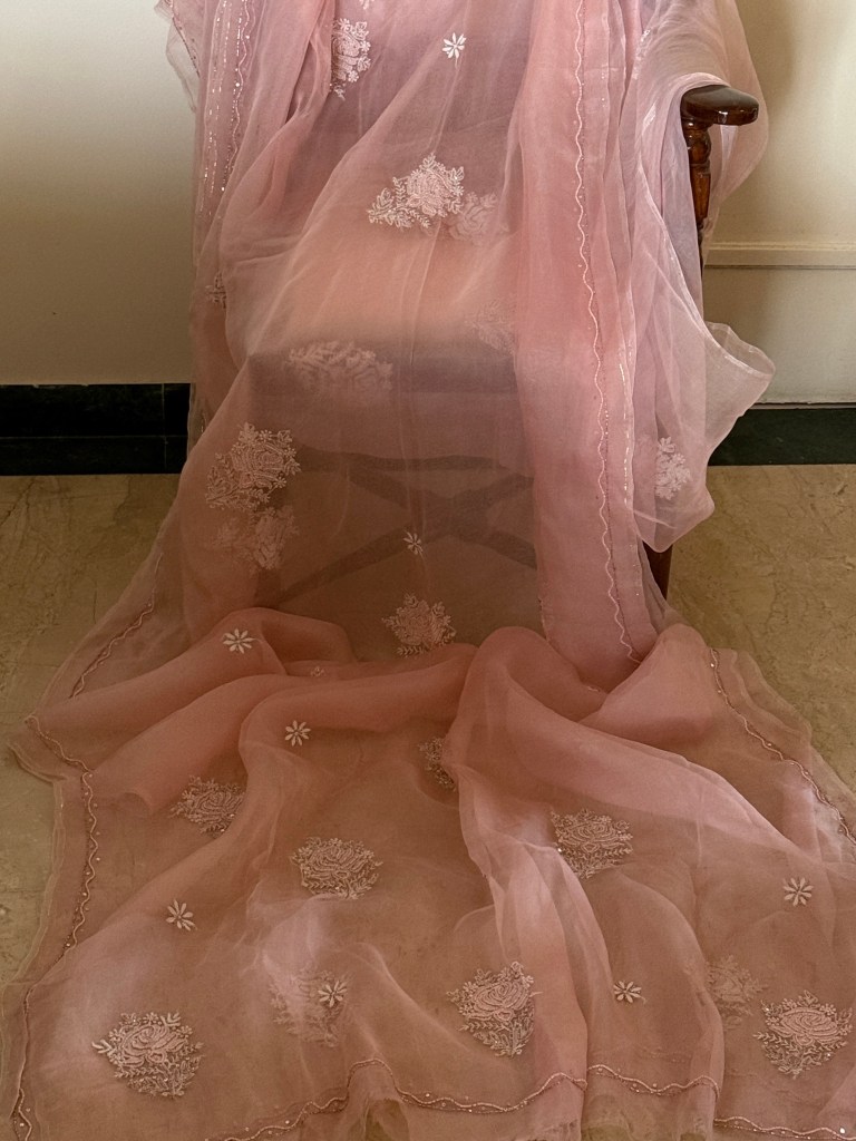 Blush peach pure organza chikankari saree with pearl work