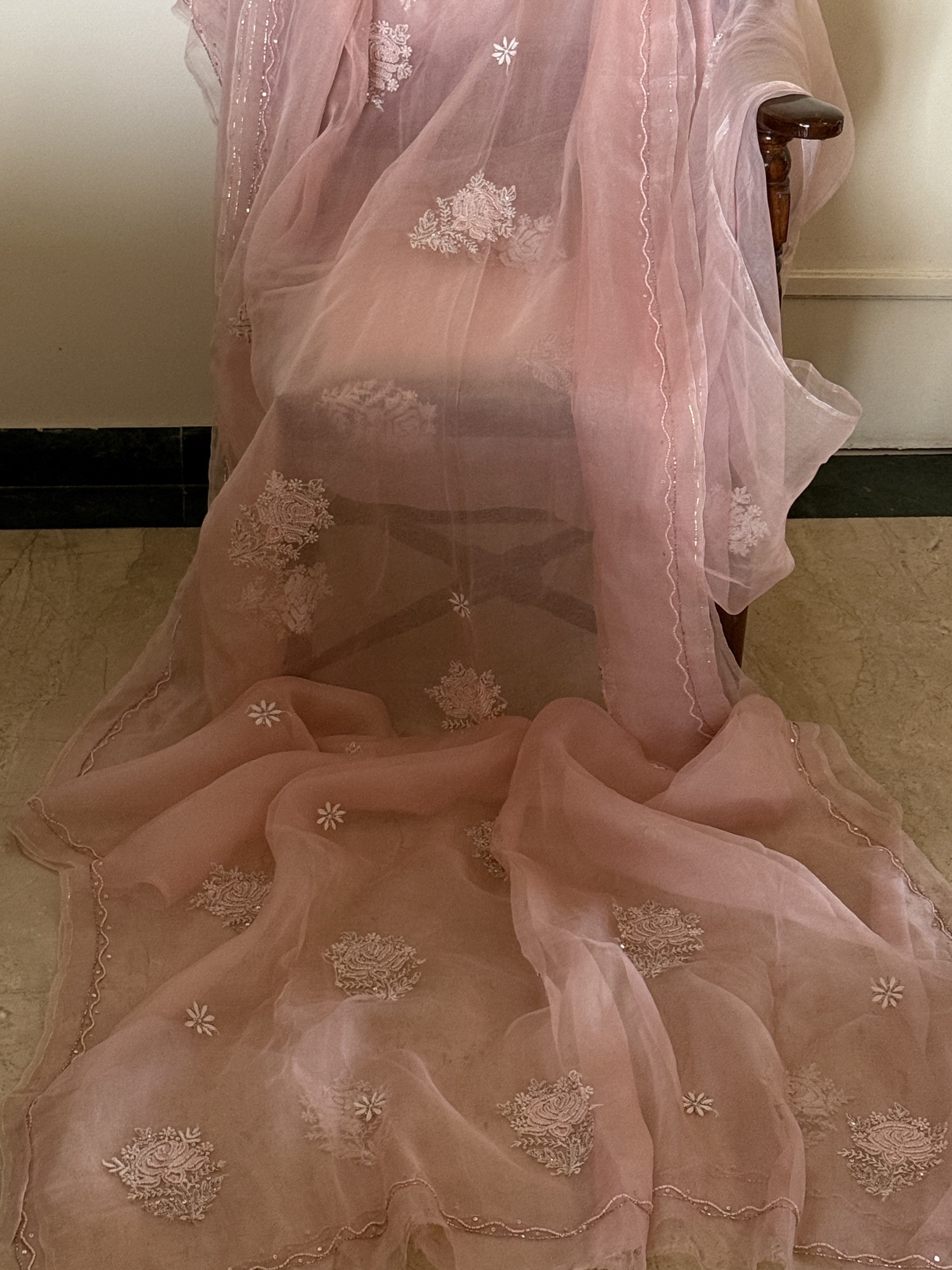 Blush peach pure organza chikankari saree with pearl work - Image 1