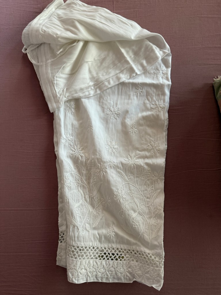 White pure cotton, free size chikankari pants with lace detailing