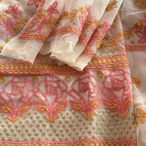 Off-white pure organza chikankari kurta dupatta set with peach & pink shadow & murri work - Image 2