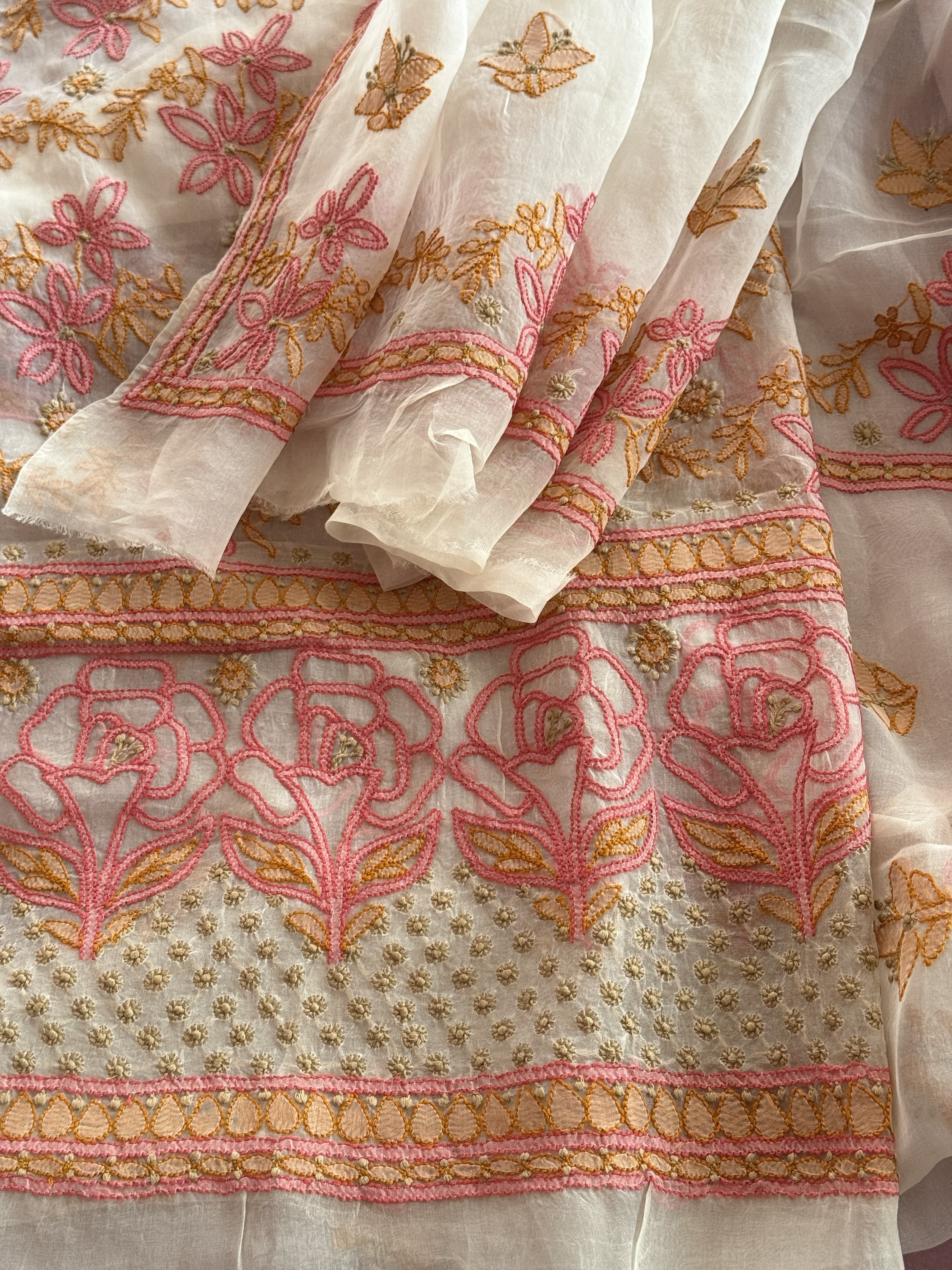 Off-white pure organza chikankari kurta dupatta set with peach & pink shadow & murri work - Image 2