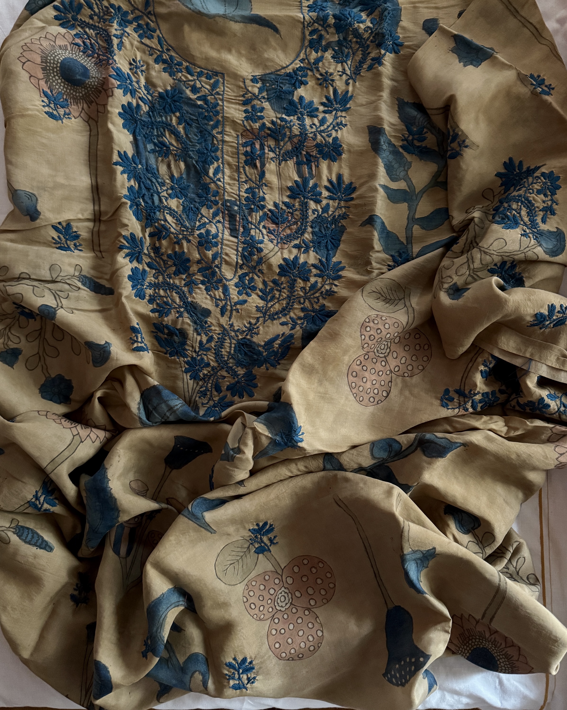 Pure Muga silk Handmade Kalamkari Chikankari kurta fabric - Image 1