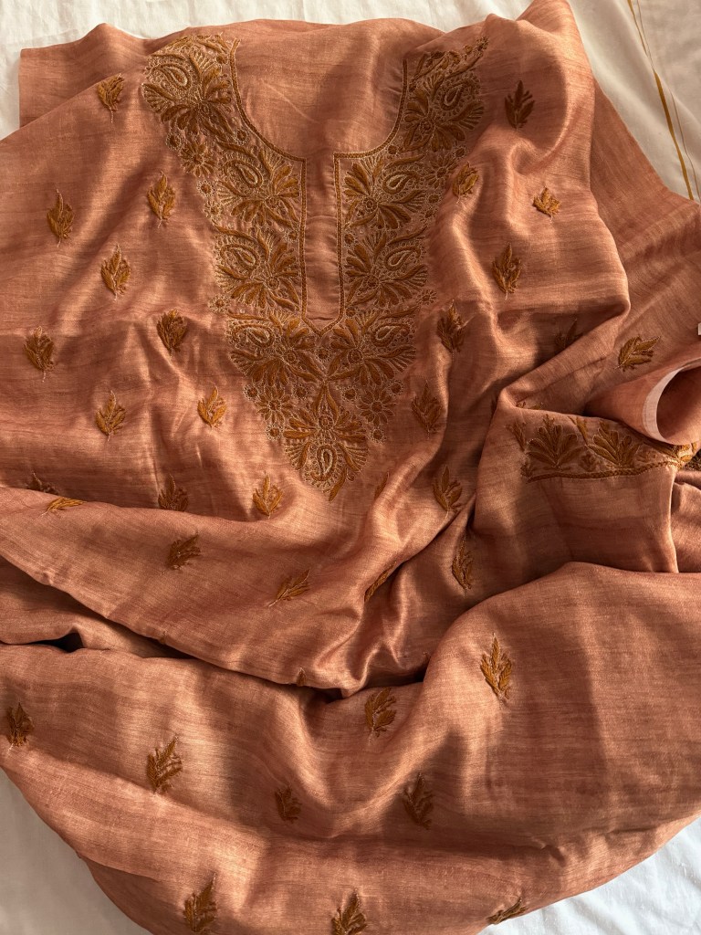 Brown chanderi chikankari kurta fabric with aari work detailing