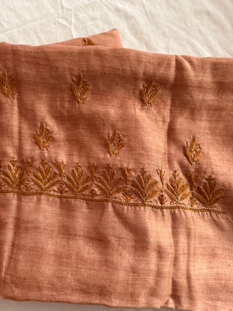 Brown chanderi chikankari kurta fabric with aari work detailing