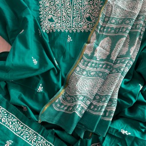Teal green pure cotton Chikankari kurta fabric with block print mulmul dupatta