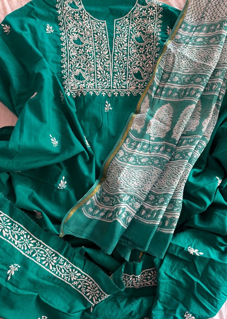 Teal green pure cotton Chikankari kurta fabric with block print mulmul dupatta
