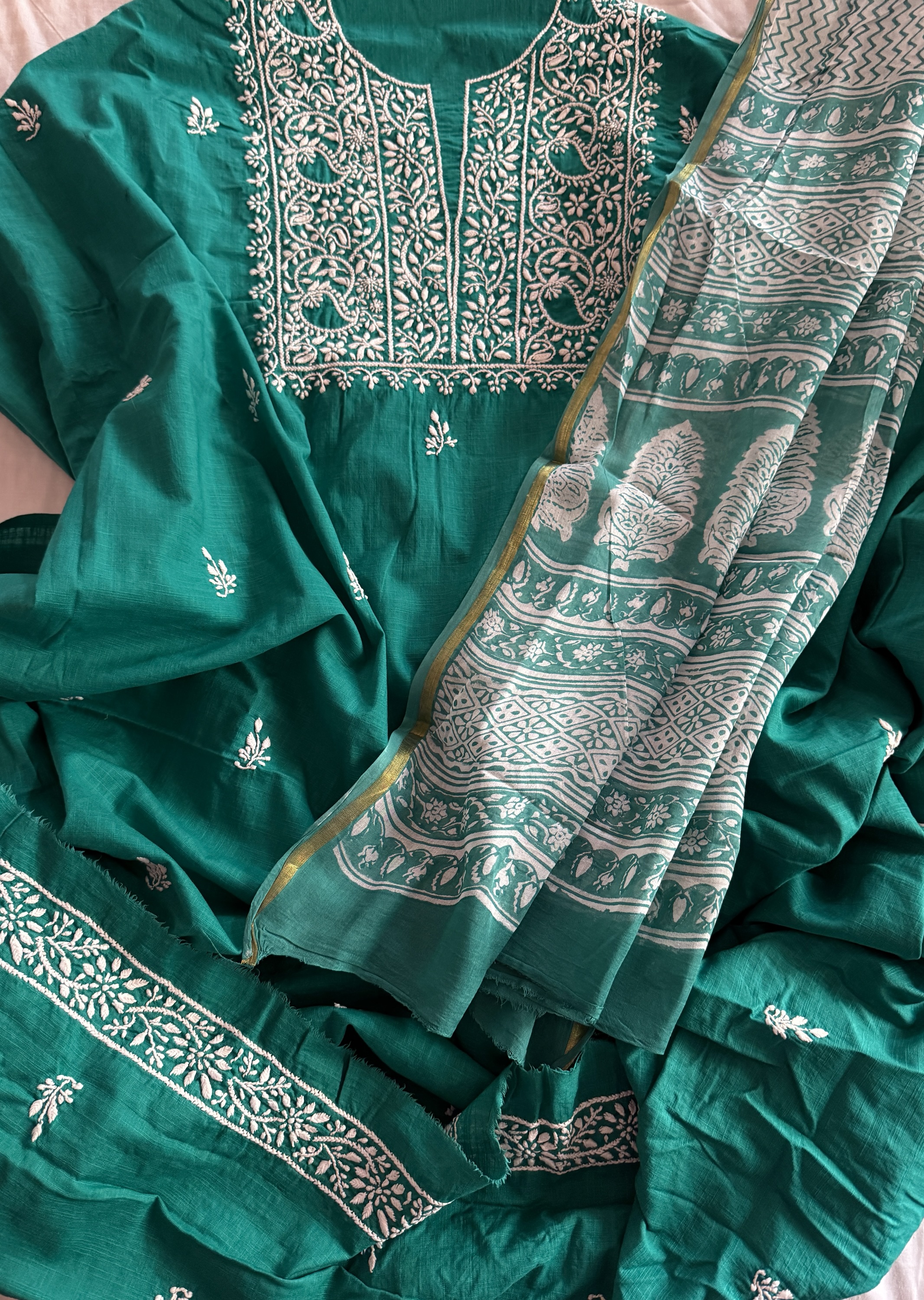 Teal green pure cotton Chikankari kurta fabric with block print mulmul dupatta - Image 1