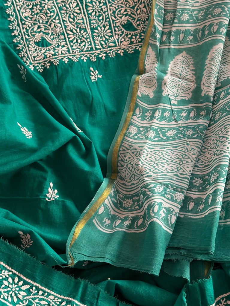 Teal green pure cotton Chikankari kurta fabric with block print mulmul dupatta