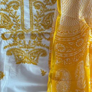 Yellow Pure cotton Chikankari kurta fabric teamed with block print dupatta - Image 2